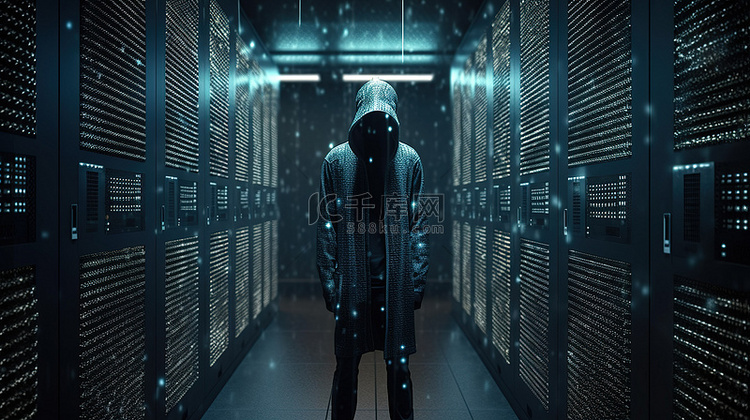 服务器机房中神秘黑客的 3d 渲染