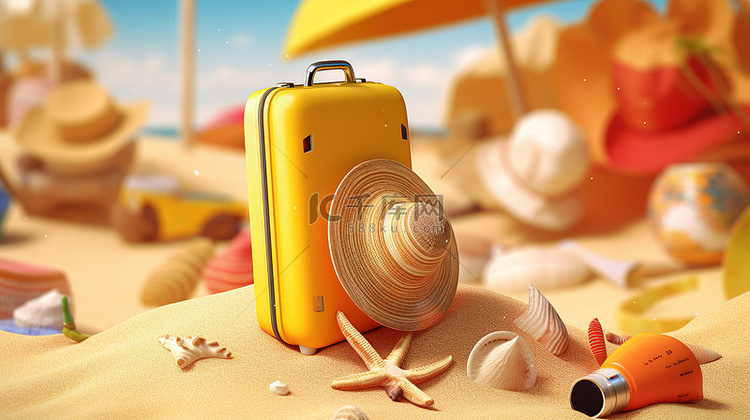 夏季海滩配件与 3D 渲染中的手机