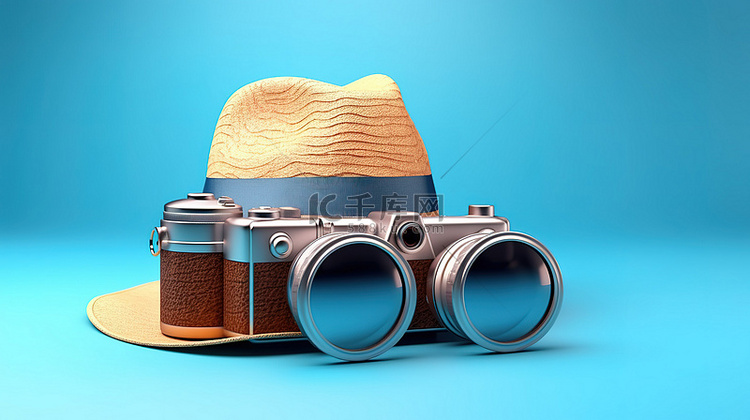 探索蓝色背景下太阳镜帽子和相机