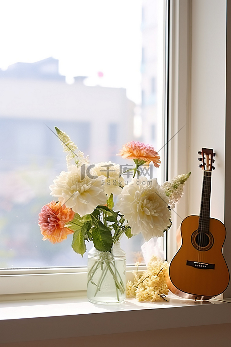 窗台上的花束照片和相框