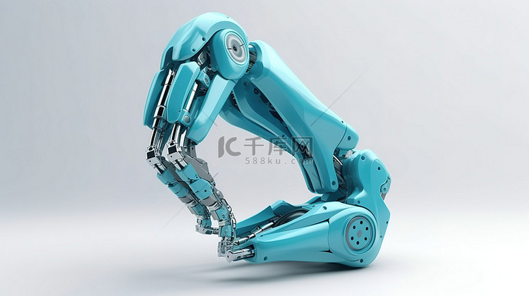 白色环境中的蓝色机械臂 3D 渲染