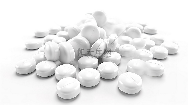 圆形白色药丸的 3D 孤立插图