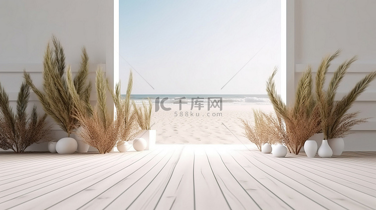 白色木地板和沙滩沙框 3d 渲
