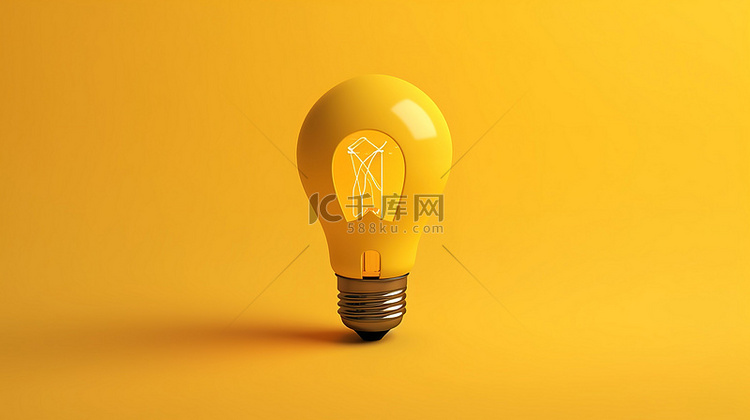 3D 卡通风格的黄色背景灯泡图