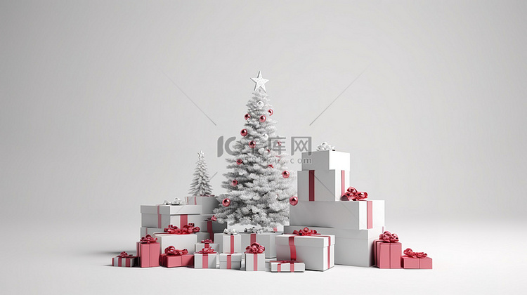 白色背景上孤立的圣诞树和礼品盒