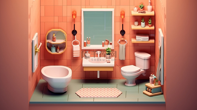 卡通浴室内部的可爱等距 3D 渲染