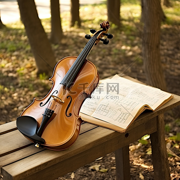 一张木凳，上面放着小提琴和乐谱