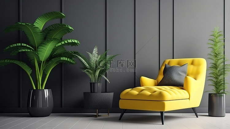 黄色躺椅和绿色坐垫凳与灰色内饰