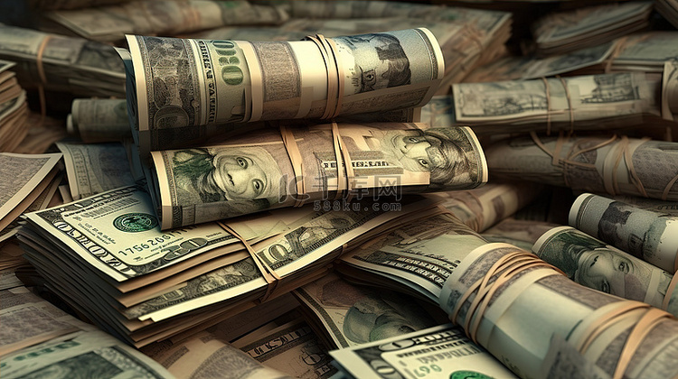 概念化财富的钞票的 3D 渲染插图