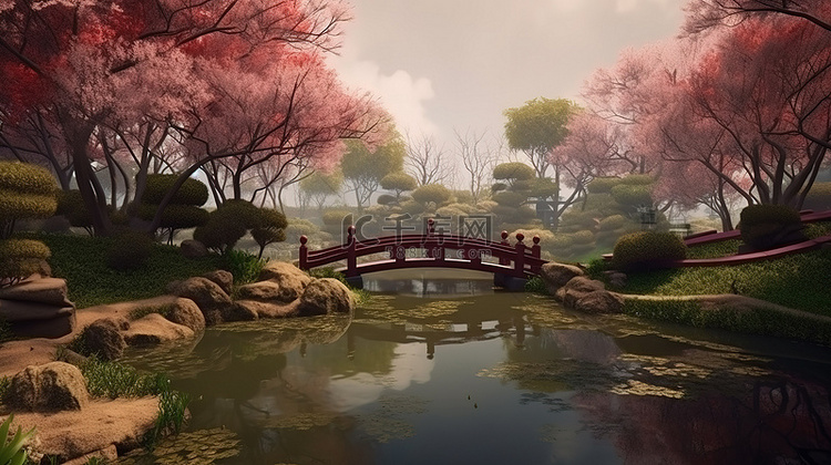 春天宁静的日本花园的华丽 3D