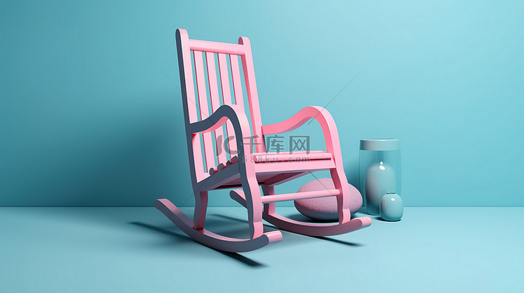 粉红色平坦背景上蓝色复古摇椅的