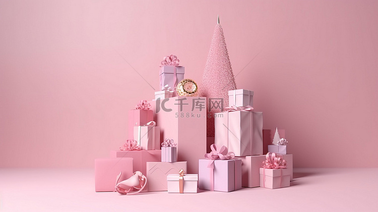 粉红色柔和讲台上的节日圣诞礼品