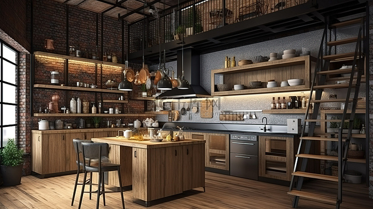 以阁楼为灵感的木质厨房以 3D