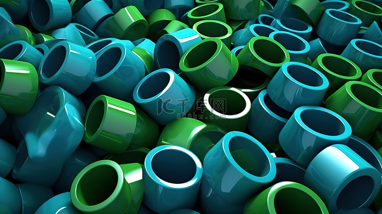 蓝色和绿色圆柱体的集合抽象 3