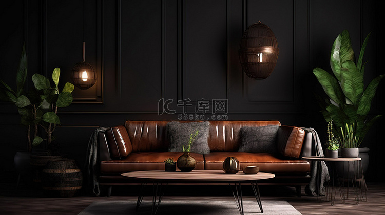 舒适客厅的 3D 渲染，配有棕