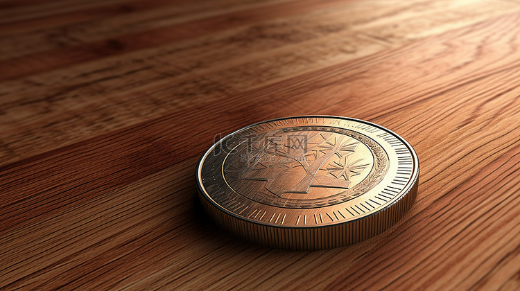 欧元硬币搁在木质表面上的 3d
