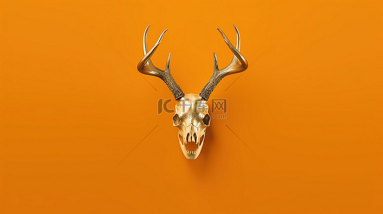 橙色背景渲染3d单色鹿头骨