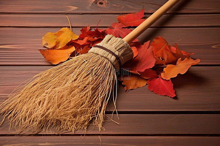 秋叶和木桌上的扫帚