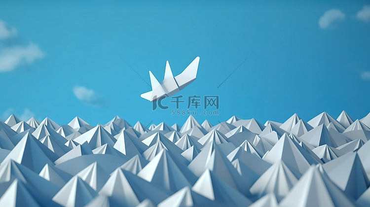运动中的领导力一架蓝纸飞机在云