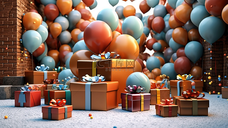 节日装饰品3D礼盒气球和新年装