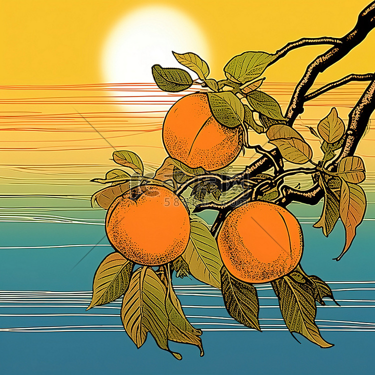 树上成熟的橙子，梨和蓝天背景