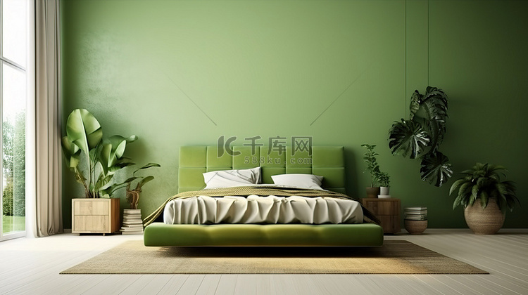 现代卧室设计，配有郁郁葱葱的绿