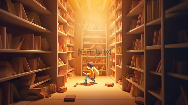 3D 图书馆背景，孩子专心阅读