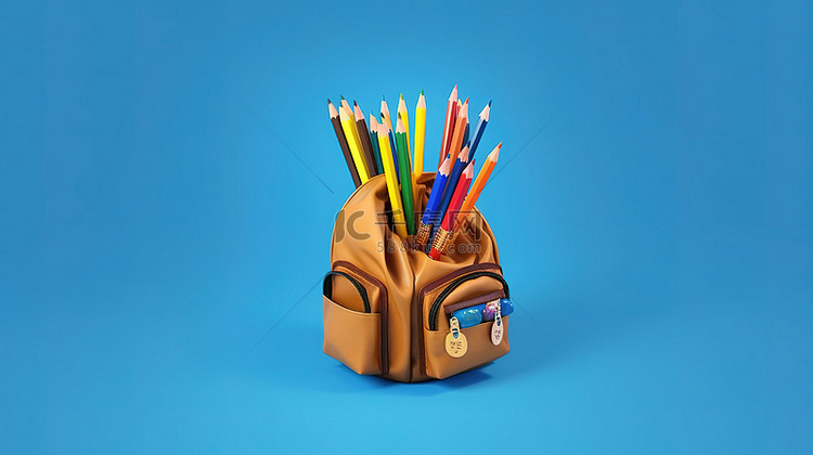 蓝色背景教育3d铅笔和迷你书包
