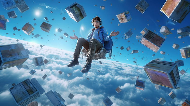 玩家带着游戏装备悬浮在天空中，
