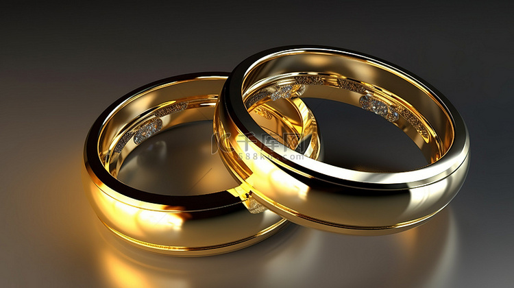闪闪发光的金色结婚戒指的 3D