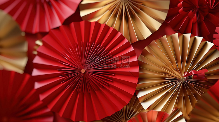 3D 渲染红色和金色纸扇装饰作