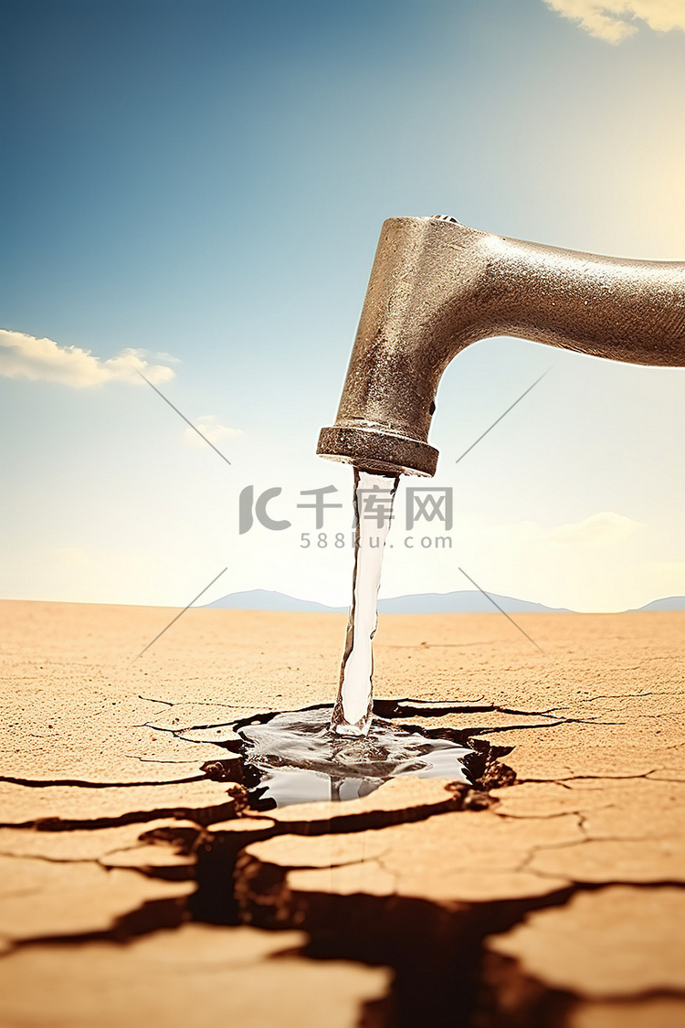水从沙漠中打开的水龙头中流出