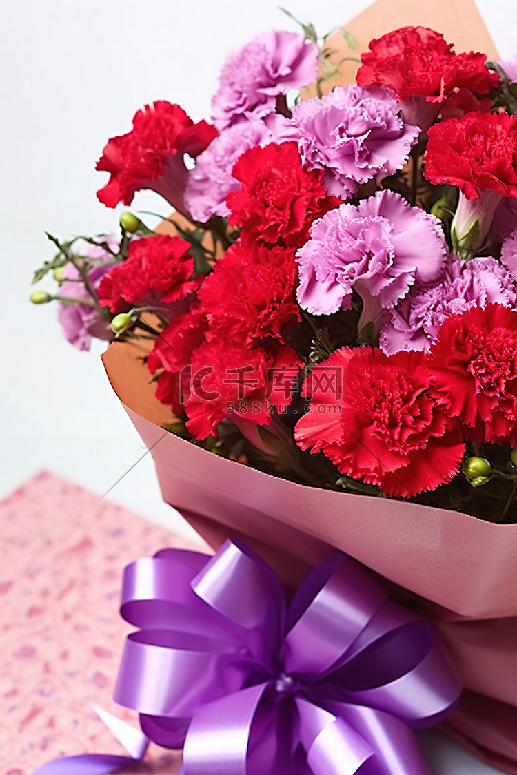 带有红玫瑰和康乃馨的紫色花束
