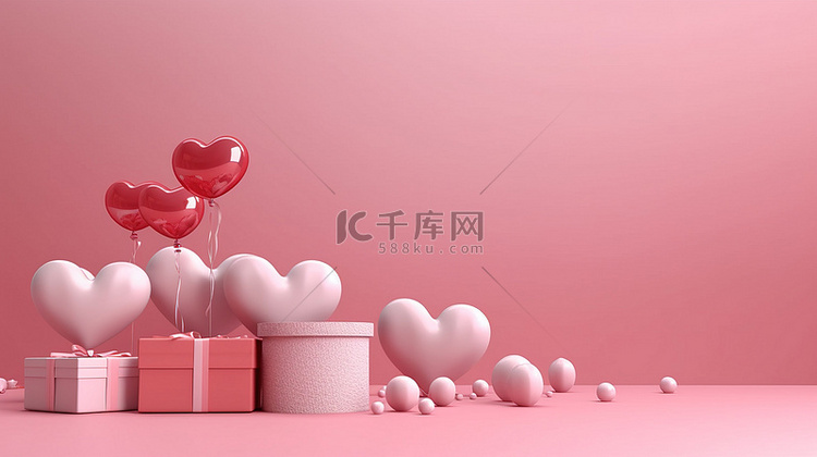 3D 插图爱情充满粉红色背景，