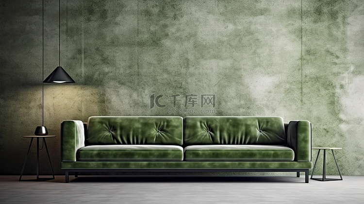 时尚室内绿色沙发的 3D 渲染