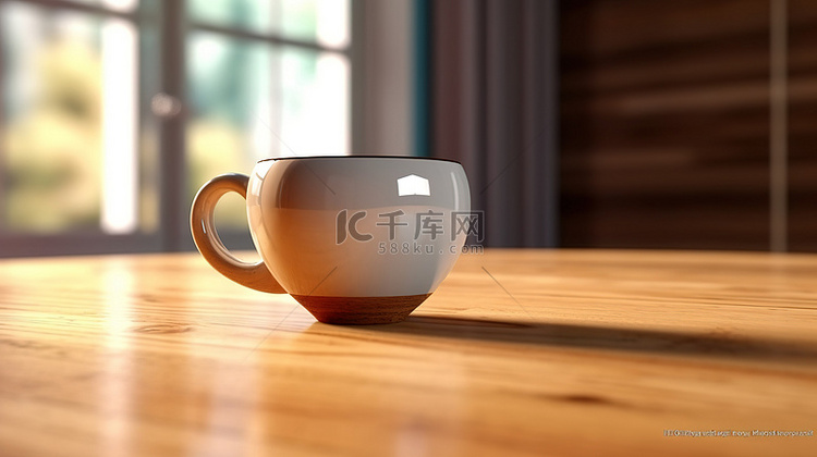 带有 3D 渲染咖啡杯的木质桌面