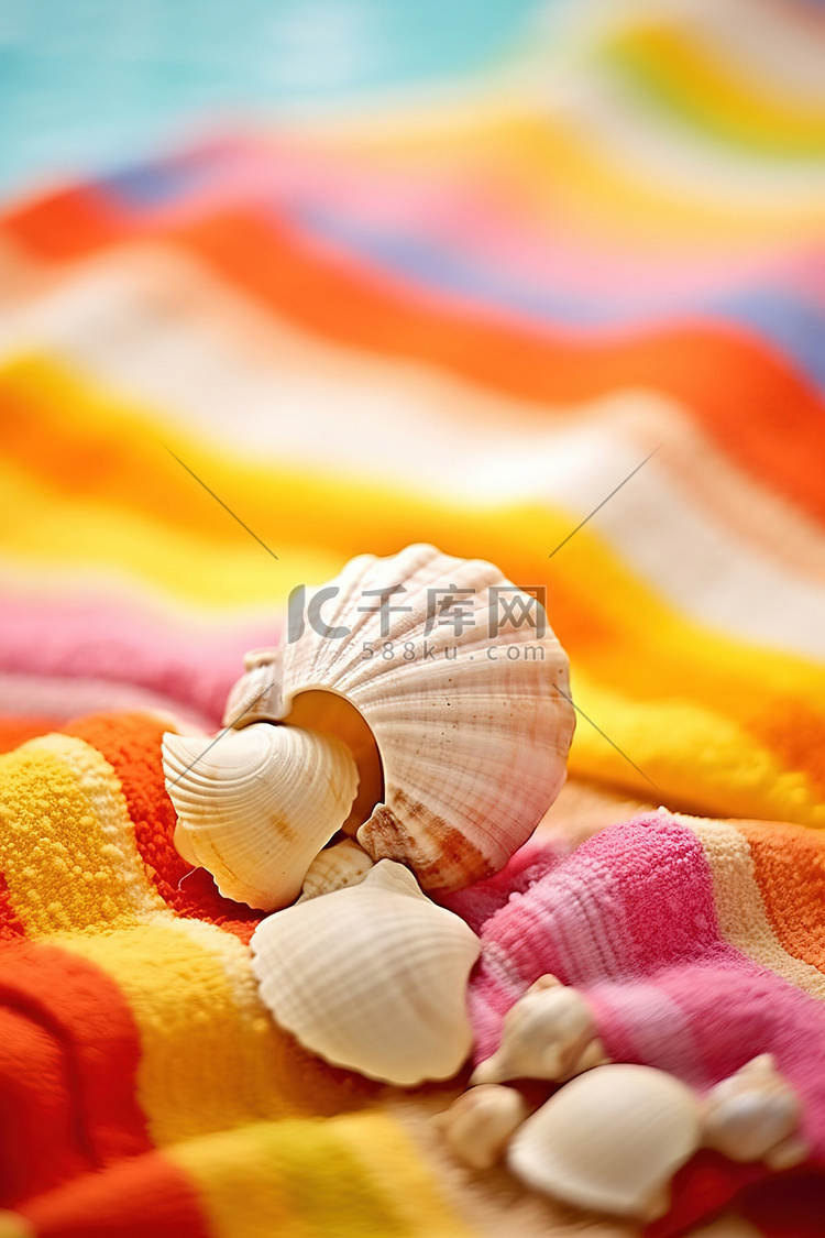 热带毛巾上的贝壳和其他物体的集
