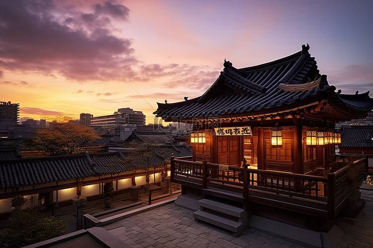 日落时的一栋古老的亚洲光明节房