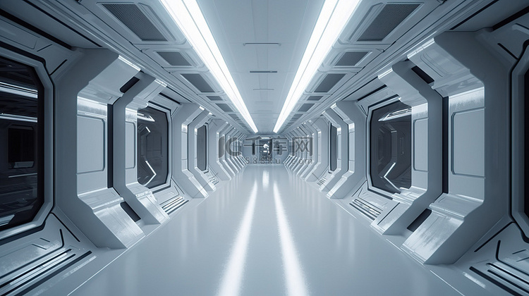 未来派科幻走廊和走廊内部的 3