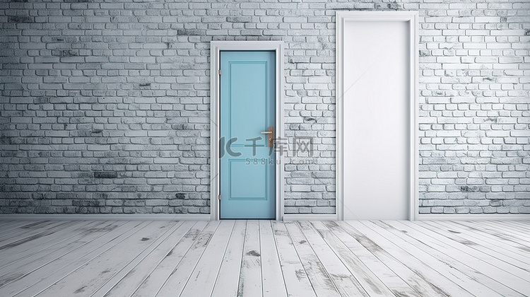 当代阁楼白色门和蓝砖墙与木地板