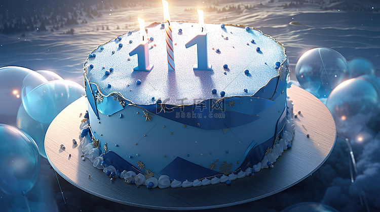 巨大的 3D 蓝色生日蛋糕，其