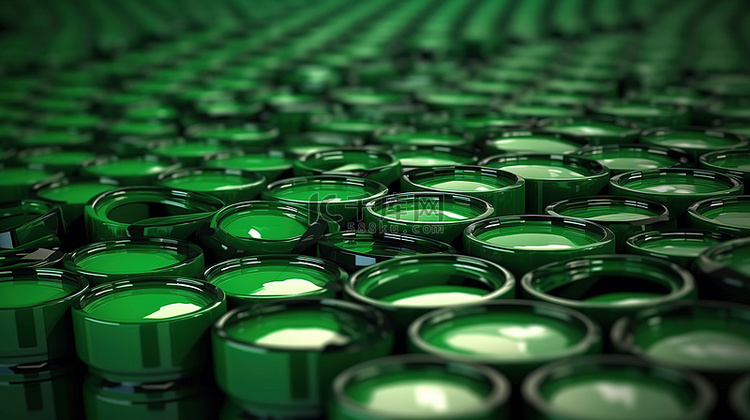 堆叠的绿色汽油桶阵列 3D 渲