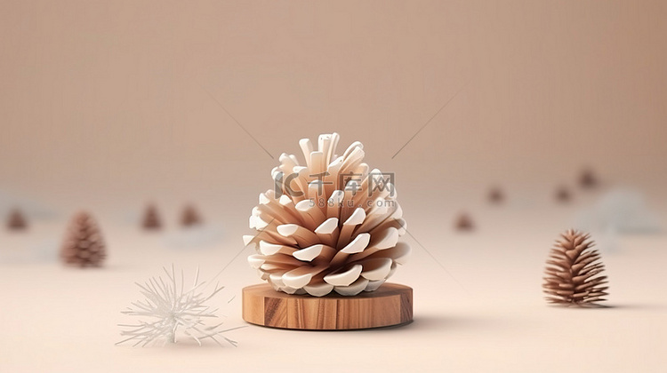 抽象冬季场景中的悬浮木松果雪花
