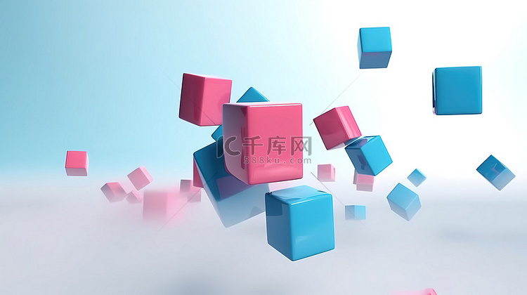 蓝色和粉色飞行立方体的 3D 