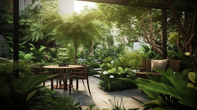 3D 渲染的花园绿洲是您家中或