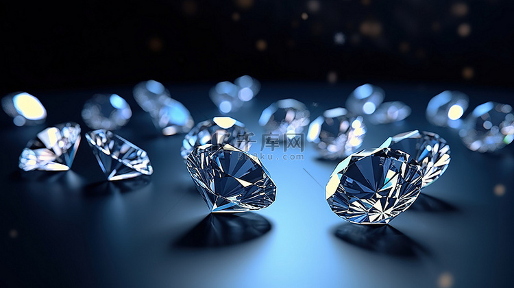 深蓝色背景下圆形钻石的 3D 渲染