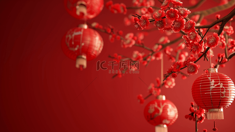 中国红色喜庆灯笼挂树枝上的背景
