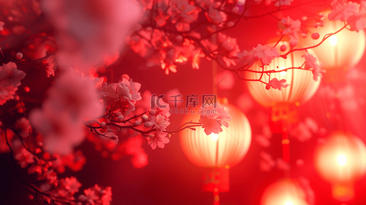 夜晚中国春节过年红灯笼挂树上的