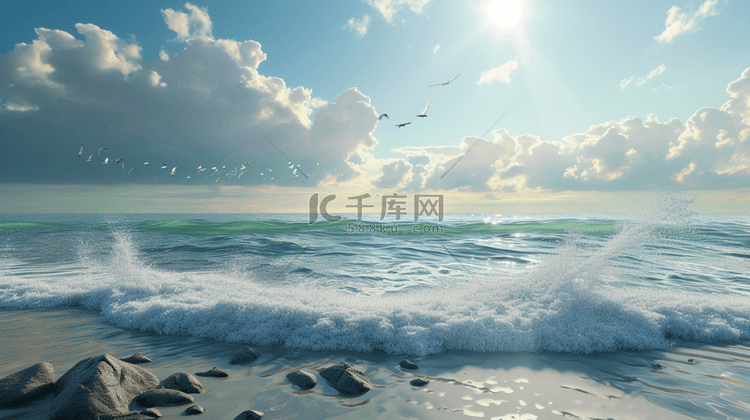 蓝天白云大海沙滩海浪的背景图16