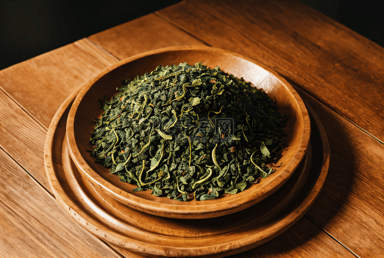 盘子里的绿茶茶叶摄影图片8